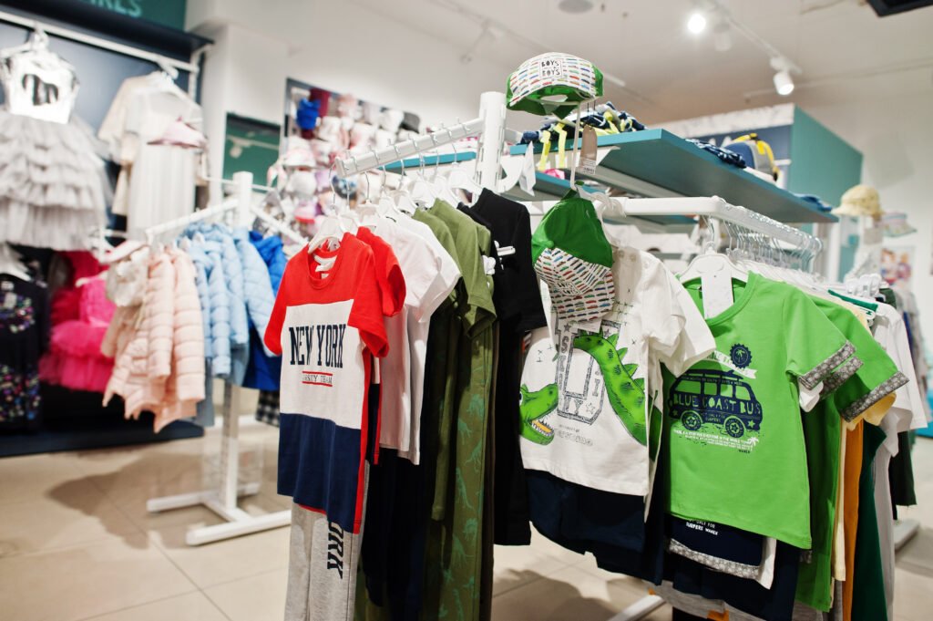 children's bright clothes hang on the display in the baby clothi